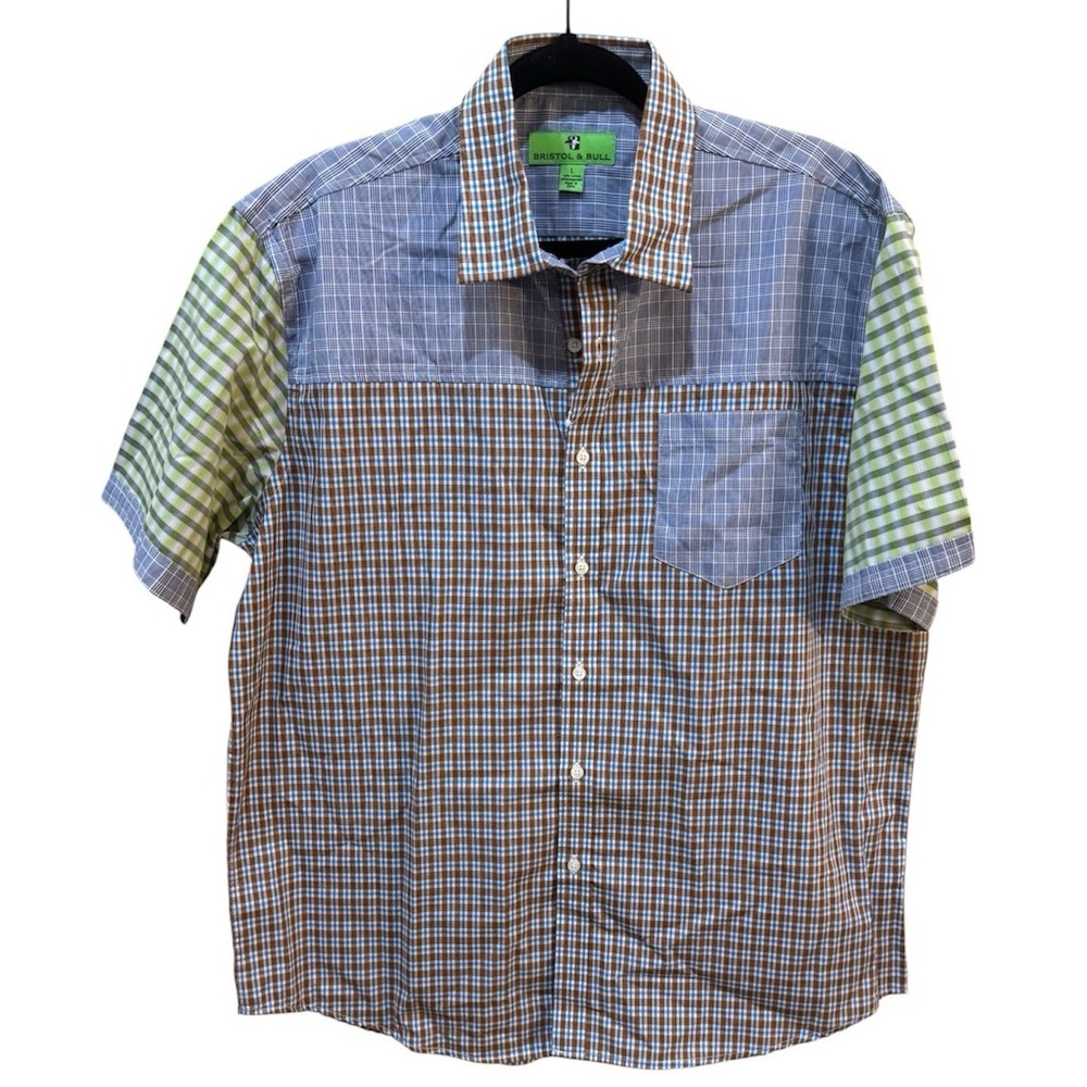 NWT Bristol & Bull Mens Size Large Button Up Shirt Green Blue Patchwork